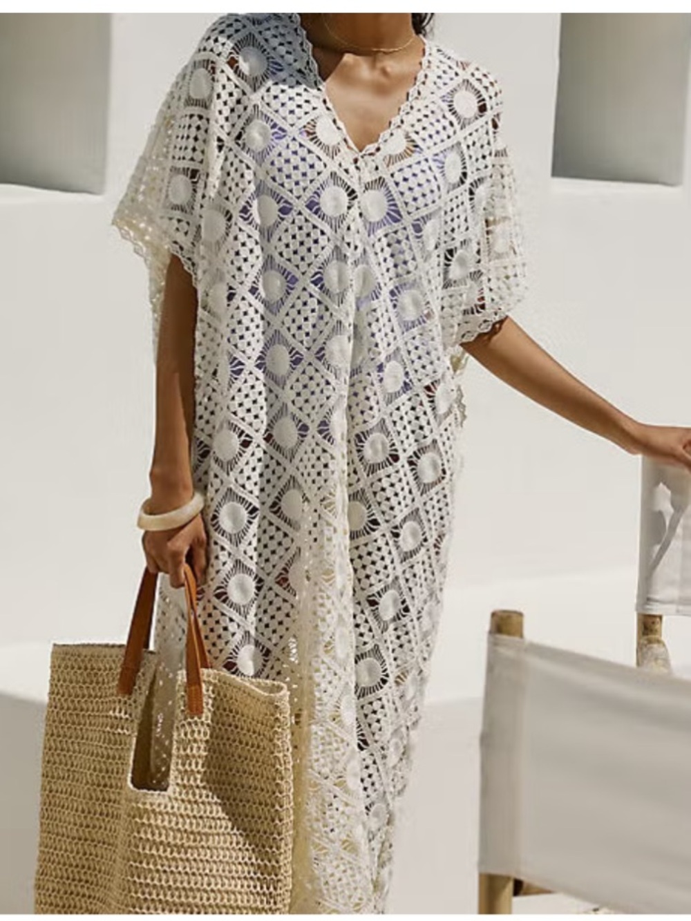 New Anthropologie Crochet Woven Knit Boho Cream Kaftan Kimono Cover Up Dress S - Picture 2 of 4